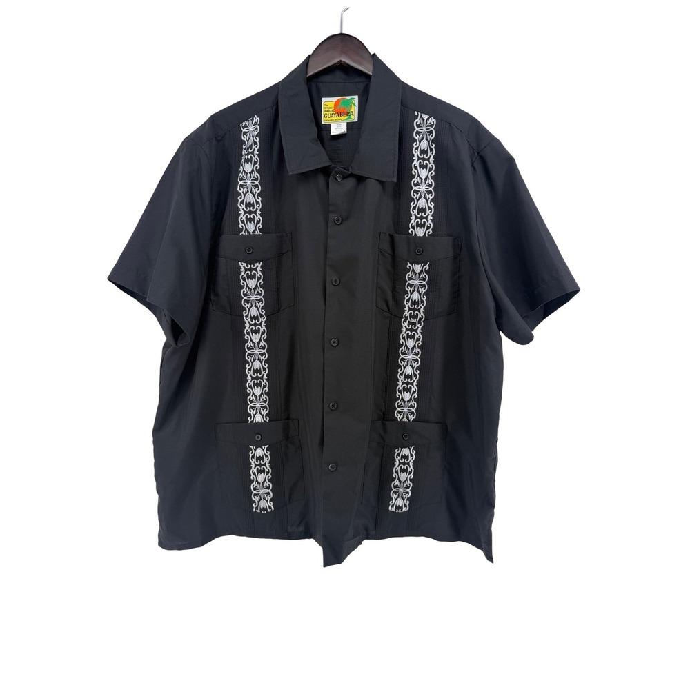 Haband Guayabera Mens XX Black Short Sleeve Embroidered Pleated Cuban Shirt